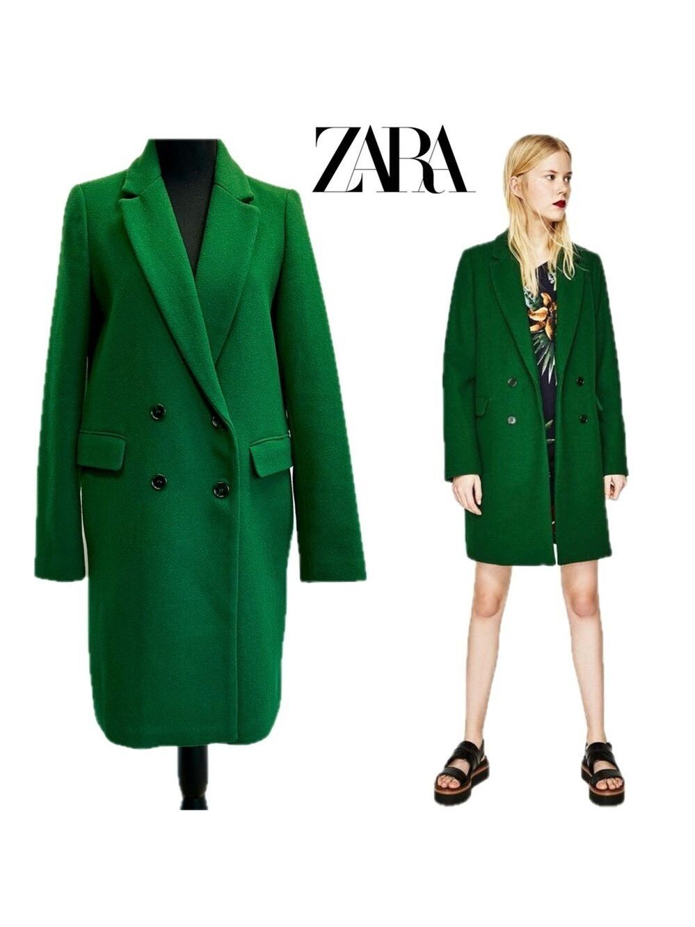 Zara Women's Green double breasted wool blend coat Sz S fall winter